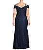 Color:Navy - Image 2 - Plus Size Off-the-Shoulder Cap Sleeve Stretch Lace Mermaid Gown