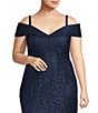 Color:Navy - Image 3 - Plus Size Off-the-Shoulder Cap Sleeve Stretch Lace Mermaid Gown