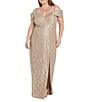 R & M Richards Plus Size Off The Shoulder Long Stretch Lace Dress, Color:Champagne - Image 1