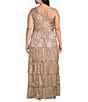 R & M Richards Plus Size One Shoulder Metallic Foil Printed Rosette Dress, Color:Mauve/Gold - Image 2