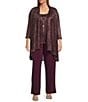 R & M Richards Plus Size Crinkle Metallic 3-Piece Pant Set, Color:Merlot - Image 1