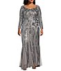 Color:Silver - Image 1 - Plus Size Sequin Embroidered Mesh Sweetheart Neck Long Sleeve Godet Inset Detail Gown