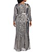 Color:Silver - Image 2 - Plus Size Sequin Embroidered Mesh Sweetheart Neck Long Sleeve Godet Inset Detail Gown