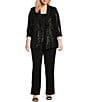 R & M Richards Plus Size Sequin Tuxedo Jacket and Tank 3-Piece Pant Suit, Color:Black - Image 1