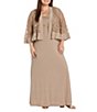 Color:Mocha - Image 1 - Plus Size Sequined Long Sleeve Scoop Neck Long 2-Piece Jacket Dress