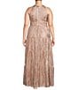Color:Rose/Gold - Image 2 - Plus Size Sleeveless Halter Neck Foil Printed Dress