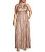 R & M Richards Plus Size Sleeveless Halter Neck Foil Printed Dress, Color:Rose/Gold - Image 1