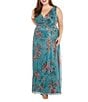 Color:Turquoise - Image 1 - Plus Size Sleeveless V-Neck Ruched Waist Floral Print Gown