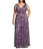 R & M Richards Plus Size Sleeveless V-Neck Ruched Waist Floral Print Gown, Color:Lavendar - Image 1