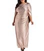 Color:Rose/Gold - Image 1 - Plus Size Boat Neck 3/4 Drape Sleeve Stretch Crinkled Foil Ruched Waist Drape Back Dress