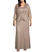 R & M Richards Plus Size Stretch Lace Charmeuse Round Neck 3/4 Sleeves Glitter 2-Piece Jacket Dress, Color:Champagne - Image 1