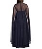 R & M Richards Plus Size Stretch Satin Long Mesh Caplet Beaded Neck Long Dress - Image 2