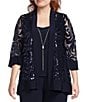 Color:Navy - Image 3 - Plus Size Scoop Neck 3/4 Sleeve Swirl Sequin Jacket 2-Piece Pant Set