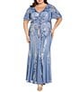 R & M Richards Plus Size V-Neck Embroidered Sequin Power Mesh Gown, Color:Wedgewood - Image 1