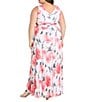 R & M Richards Plus Size V-Neck Sleeveless Printed A-Line Gown, Color:Coral/Ivory - Image 2