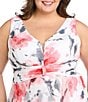 R & M Richards Plus Size V-Neck Sleeveless Printed A-Line Gown, Color:Coral/Ivory - Image 3