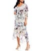 R & M Richards Plus Size Watercolor Floral Printed Chiffon V-Neck Tiered Ruffle High-Low Hem 3/4 Sleeve 2-Piece Jacket Dress, Color:Blue/Lavender - Image 1