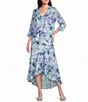 R & M Richards Printed Lurex Chiffon Bolero High Low Ruffle Hem Jacket Dress - Image 1