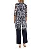 Color:Navy/Ivory - Image 2 - Printed Matte Jersey Round Neck 3/4 Sleeve 3-Piece Duster Pant Set