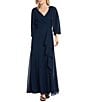 R & M Richards Scalloped Trim Ruffle Side Cascade Long Dress - Image 1