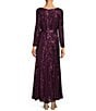 Color:Burgundy - Image 2 - Sequin Sweetheart Neck Embroidered Mesh Ribbon Tie Waist Long Sleeve Gown