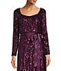 Color:Burgundy - Image 3 - Sequin Sweetheart Neck Embroidered Mesh Ribbon Tie Waist Long Sleeve Gown