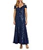 R & M Richards Sequin Power Mesh Beaded Off-The-Shoulder Sleeveless Sheath Dress, Color:Twilight - Image 1