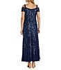 R & M Richards Sequin Power Mesh Beaded Off-The-Shoulder Sleeveless Sheath Dress, Color:Twilight - Image 2