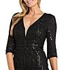 R & M Richards Sequin Power Mesh V-Neck 3/4 Sleeve Gown, Color:Black - Image 3