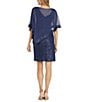 Color:Navy - Image 2 - Sequin Sheer Poncho Overlay 3/4 Sleeve Illusion V-Neck Lace Sheath Dress