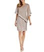 Color:Champagne - Image 1 - Sequin Sheer Poncho Overlay 3/4 Sleeve Illusion V-Neck Lace Sheath Dress