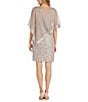 Color:Champagne - Image 2 - Sequin Sheer Poncho Overlay 3/4 Sleeve Illusion V-Neck Lace Sheath Dress