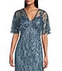 R & M Richards Sequin V-Neck Flutter Sleeve Sheer Capelet A-line Dress, Color:Blue - Image 3