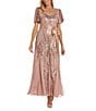 Color:Blush - Image 1 - Short Puffed Sleeve Scoop Neck Sequin Long Dress