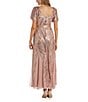 Color:Blush - Image 2 - Short Puffed Sleeve Scoop Neck Sequin Long Dress