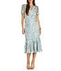 Color:Slate - Image 1 - Short Sleeve Illusion Crew Neck Floral Embroidered Flounce Hem Sheath Dress
