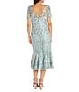 Color:Slate - Image 2 - Short Sleeve Illusion Crew Neck Floral Embroidered Flounce Hem Sheath Dress