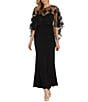 Color:Black/Taupe - Image 1 - Crew Neck Embroidered Mesh Cape Overlay Dress