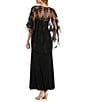 Color:Black/Taupe - Image 2 - Crew Neck Embroidered Mesh Cape Overlay Dress