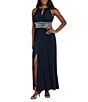 R & M Richards Sleeveless Halter Keyhole Neck Detail Waist Front Slit A-Line Gown, Color:Navy - Image 1