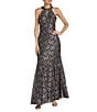 Color:Black/Taupe - Image 1 - Sleeveless Halter Neck Glitter Lace Long Fit and Flare Dress