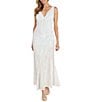 Color:Ivory/Nude - Image 1 - Sleeveless V-Neck Godet Insets Embroidered Iridescent Sequin Power Mesh Gown