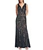 R & M Richards Sleeveless V-Neck Godet Skirt Embellished Long Sequin Dress, Color:Gunmetal - Image 1