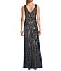 R & M Richards Sleeveless V-Neck Godet Skirt Embellished Long Sequin Dress, Color:Gunmetal - Image 2