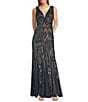 R & M Richards Sleeveless V-Neck Godet Skirt Embellished Long Sequin Dress - Image 1