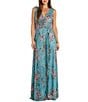 Color:Turquoise - Image 1 - Sleeveless V-Neck Ruched Waist Floral Print Gown