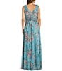 Color:Turquoise - Image 2 - Sleeveless V-Neck Ruched Waist Floral Print Gown