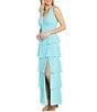 Color:Aqua - Image 1 - Sleeveless V-Neck Tiered Skirt Front Slit Empire Waist Maxi Dress