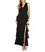 Color:Black - Image 1 - Sleeveless V-Neck Tired Skirt Front Slit Dress
