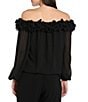 R & M Richards Souffle Crepe Chiffon Ruffle Trim Off The Shoulder Long Sleeve Blouson Top, Color:Black - Image 2